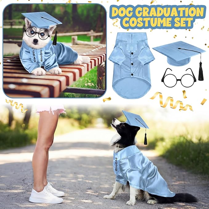5 Pcs Dog Graduation Costume Set Include 2026 Pet Graduation Gown with Stole Puppy Grad Cap Lensless Glasses DIY Letter Stickers for Dogs Cats Holiday Costume Accessory(Light Blue,L)