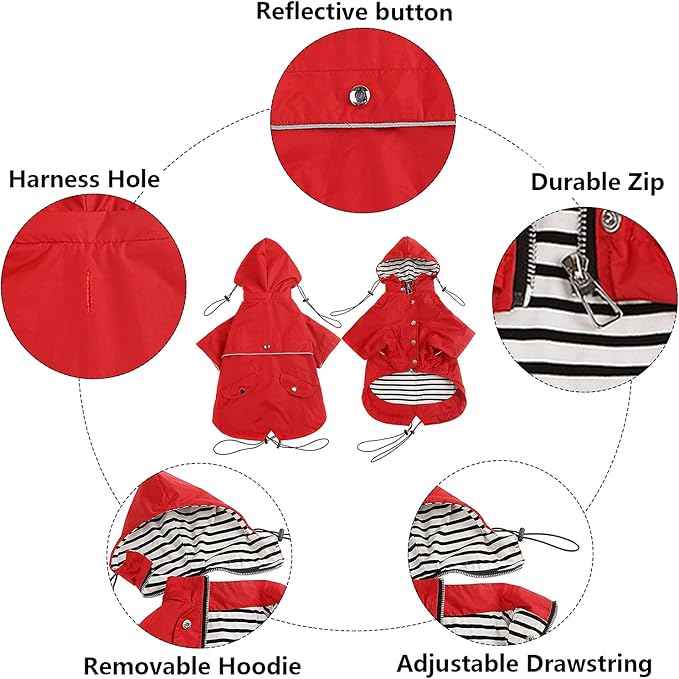 Morezi Dog Zip Up Raincoat with Reflective, Rain/Water Resistant, Adjustable Drawstring, Removable Hood, Raincoats with Legs 8lbs to 80lbs Available - Red - XL