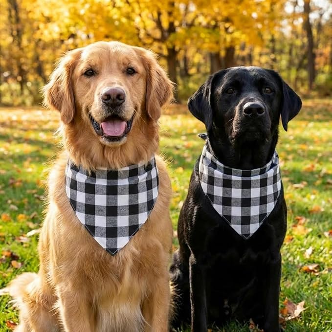 Dog Bandanas 1 Pack; Cotton Linen Black Checkered Bandana for Large Dogs; Soft Breathable Dog Accessories; Classic Dog Apparel & Accessories