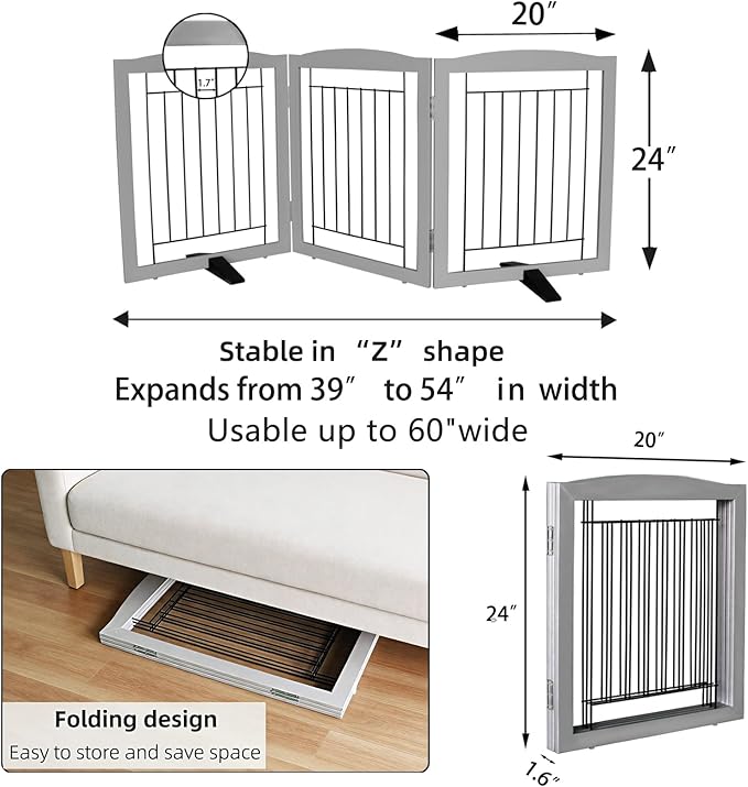 Dog Fence Indoor,Dog Gate Indoor for Doorway pet gate -3-Panel Freestanding, Hallways, House or Stairs -60x24-Inch Retractable Foldable Expandable Wood Pet by SFJC (Grey) ﻿