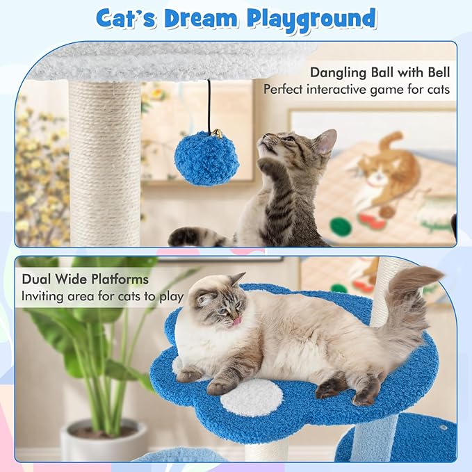 PETSITE 54 inch Cat Tree Tower, Multi-Level Modern Cat Tower with Sisal Scratching Posts, Jingling Ball, Top Perch, Side Hammock, and Cat Condo, Cute Blue Cat Tree for Indoor Cats