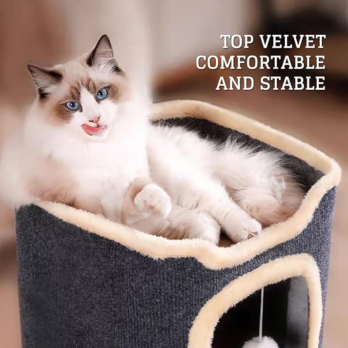 Cat Villa Cat House,Cat House Soft and Durable Multi-Level Cat Villa Cozy Sisal Cat Tower with Scratching Post,Warm Condo Nest for Sleep,Rest Play Ideal for All Seasons (Gray, Small)