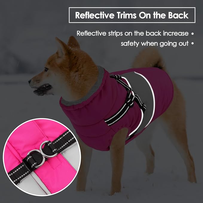 SUNFURA Dog Winter Coat, Waterproof Dog Coat Jacket with Harness for Medium Dogs Boys Girls, Reflective Fleece Lined Pet Snow Jacket Sweaters for Pug, Jack Russel, Boston Terrier, Hot Pink M