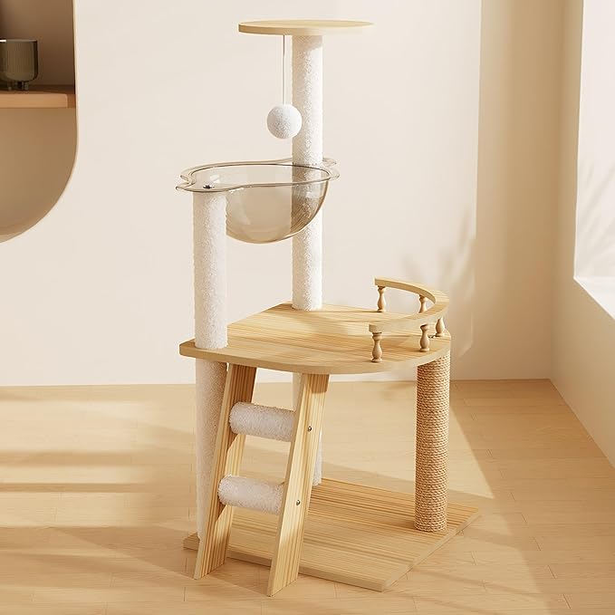 Floor to Ceiling Cat Tree, Adjustable Height Cat Tower (98-110 Inch) Fits Any Room, Modern Cat Activity Tree with Large Wood Condo, Hammock & Scratching Post for Indoor (Natural+White + 3)