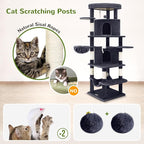Globlazer Corner Cat Tree for Large Cats, 66inch Tall Curved Series Large Cat Tower for Multiple Indoor Cats with 6 Scratching Posts, 2 Spacious Cat Condos, Hammock, Hanging Basket, C66, Dark Grey