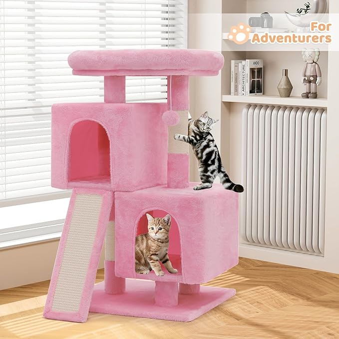 Cat Tree Tower with 2 Cat Condo, Cat Tower with Scratching Post & Sisal-Covered Scratching Board Ladder, Cat Climbing Tower, Cat Tree for Indoor Cats 34 Inch, Soft Pink