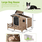 GUTINNEEN Outdoor Wooden Dog House with Metal Frame, Porch and Ventilation Window, Weatherproof Shelter for Small to Medium Dogs, 44.6" L x 41.1" W x 32.9" H (Dark Brown)