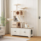 HOOBRO Double Litter Box Enclosure with Cat Tree, 45.3" L x 17.7" W x 68.9" H All-in-One Modern Cat Tower with Bed, Hidden Litter Box Enclosure Furniture, with Hammock, Sisal Posts, White WH22MZ03