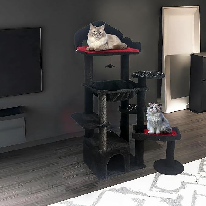 Gothic Cat Tree Tower 58" - Spooky Cat Condo with Throne Bed, Hanging Bat, Sisal Scratching Posts & Multi - Level Platforms, Elegant Black Cat Furniture for Indoor Cats