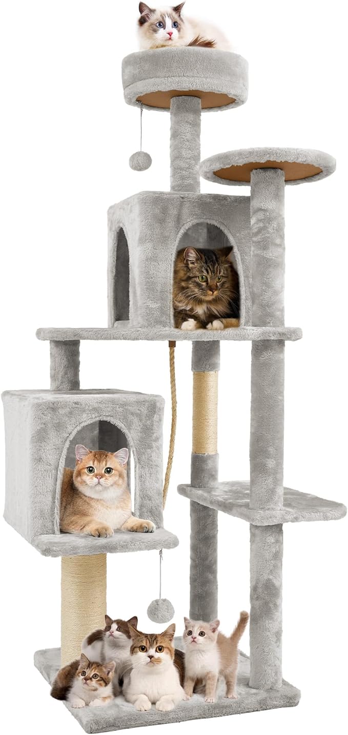 58" Cat Tree Large Cat Tower Condo w/Multi-Level Scratching Post for All Indoor Cats (Light Grey)
