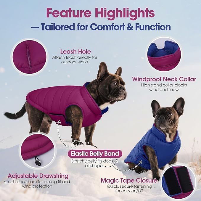 QBLEEV Reversible Dog Coat for Medium Dogs, Waterproof Windproof Winter Jacket Keeps Dogs Warm in Snow, Adjustable Hook & Loop Lightweight Dog Puffer Vest, Purple, L – Fits French Bulldog