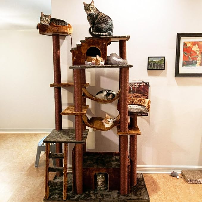 CozyCatFurniture XXL Cat Tree for Indoor Cats with Two Large Hammocks, Extra Wide Condo and Sisal Scratching Posts, Green/Brown