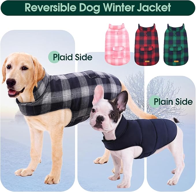 Kuoser Dog Winter Coat, Reversible Dog Jacket, Warm Doggie Coat British Style Puppy Cold Weather Coats, Windproof Pet Clothes for Extra Large Dogs Blue XXXL