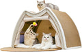 Cat Houses for Indoor Cats - Large Cat Bed Cave with Natural Sisal Cat Scratcher Mat, Solid Wood Frame Cat House with Curtains and Cat Floor Scratching Pad Rug, Protect Couch and Carpets, L
