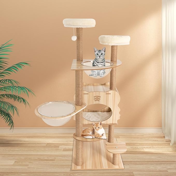 Cat Tree, 54" Indoor Cat Tree Tower, Sturdy Luxury Condo Rest Cat, with Scratching Posts, Wide Platforms, Two Space Capsules, Cat Nests, and Play Balls