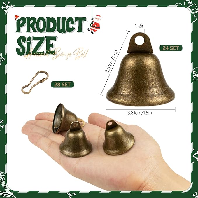 Craft Bells 24 Pcs Small Brass Bells for Crafts, Vintage Bronze Hanging Jingle Bells with Spring Hooks for Wind Chimes, Dog Training Doorbell, Mission Project, Wedding, Christmas, Easter & Home Decor