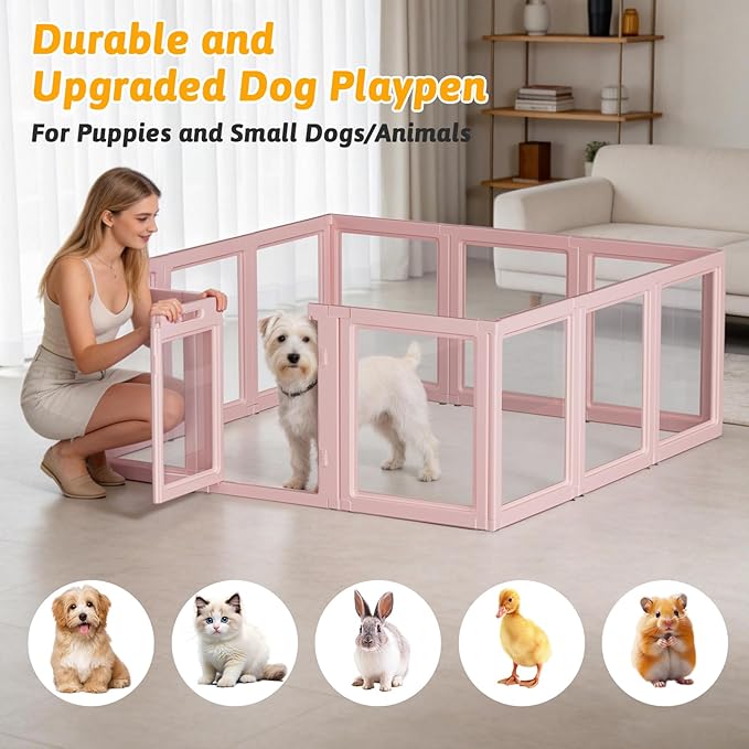 DIY Clear Acrylic Dog Playpen House,Quick Easy Assembly and Disassembly,Strong Floor Suction,Indoor and Outdoor Use,Easy Cleansing Puppy Fence (Skin Pink, 30.3" H, 12PCS)