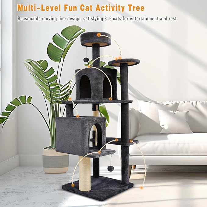 Large Cat Tree, 57.8" Tall, Dark Grey, Multi-Level Cat Furniture with Condos, Scratching Posts, Beds, Pompoms, Sisal Rope, Indoor, Durable