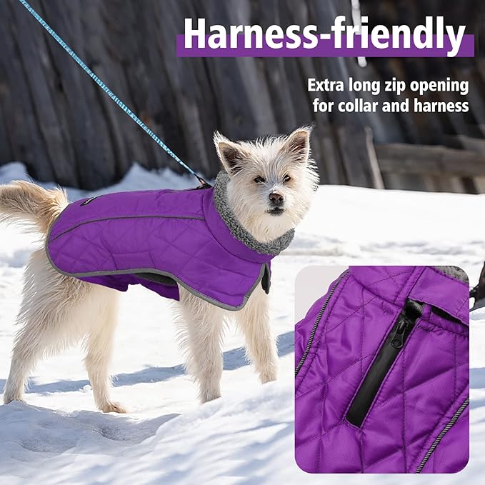 Fragralley Dog Coat Large, Waterproof Dog Jacket with Warm Fleece Lining, Adjustable Reflective Dogs Winter Coat, Turtleneck Pet Coats for Cold Weather (Purple XXL)