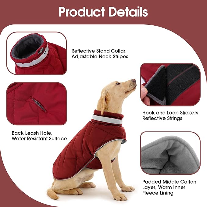 KAMA BRIDAL Dog Winter Coat Warm Padded Puppy Jacket Windproof Water Resistant Clothes for Small Medium Large Pets Christmas Sweater Outfit Vest(Red, S)