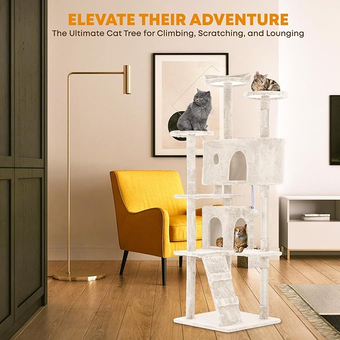 70in Cat Tree for Indoor Cats, Cat Tower with Cat Scratching Post, Multi-Level Cat Furniture, Cat Tower with Funny Toys for Kittens-Beige