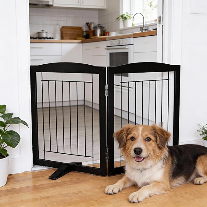Dog Fence Indoor,Dog Gate Indoor for Doorway pet gate -2-Panel Freestanding, Hallways, House or Stairs -40x24-Inch Retractable Foldable Expandable Wood Pet by SFJC (Black) ﻿