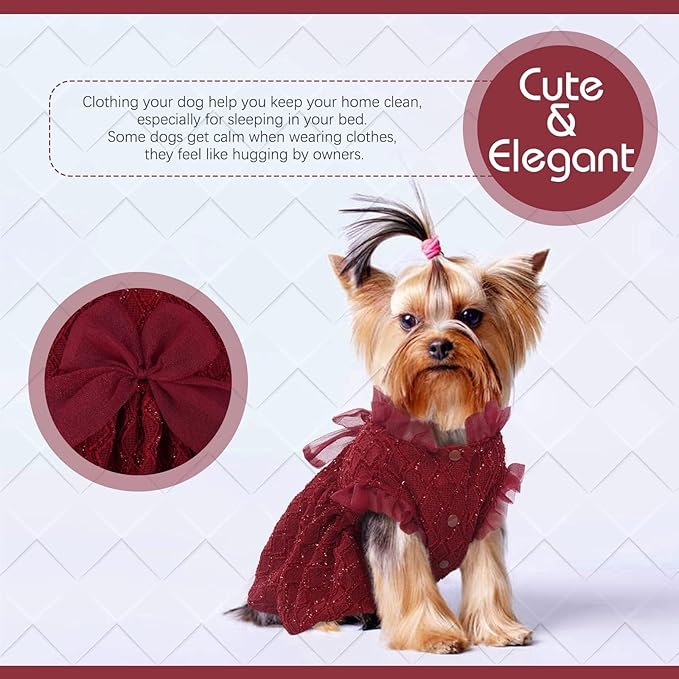Kuoser Dog Dress, Cute Dog Dresses for Medium Dogs Girl Elegant Puppy Tutu with Bow-Knot, Doggie Princess Costume Pet Outfit for Birthday Party Christmas Halloween Wedding, Red M