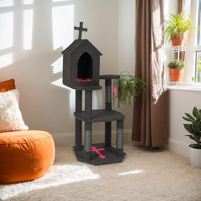 Gothic Halloween Cat Tree Tower, 3-Level Cat Furniture with Coffin Bed & Cross Top, Scratching Posts for Indoor Cats, Black Red Large Cat Tree for Multiple Cats