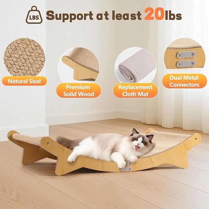 Cat Scratcher Bed, Sisal Cat Bed Hammock with Sisal Pad and Cloth Pad for Indoor Cats Wooden Cats Furniture for Scratching and Resting