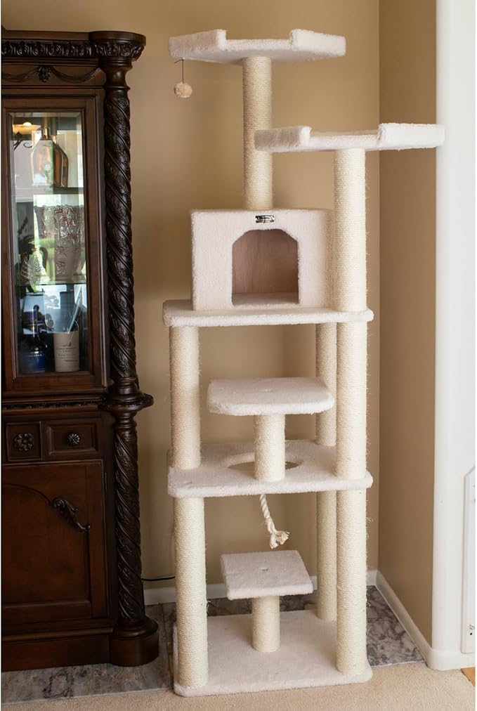 Cat Tree Tower Six Level Ivory Playhouse Cat Scratching Post - 81" Tall Indoor Kitty Condo 152