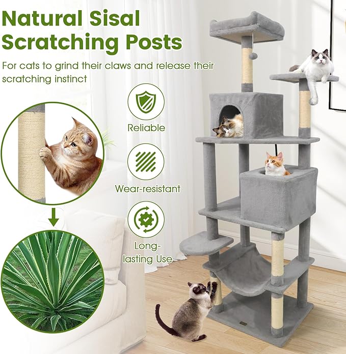 PETSITE Multi-Level Cat Tree, 75 Inches Tall with Sisal Scratching Posts, 2 Condos, Hammock, Dangling Balls, and Cozy Top Perch, Ideal for Indoor Cats to Play and Rest (Grey)