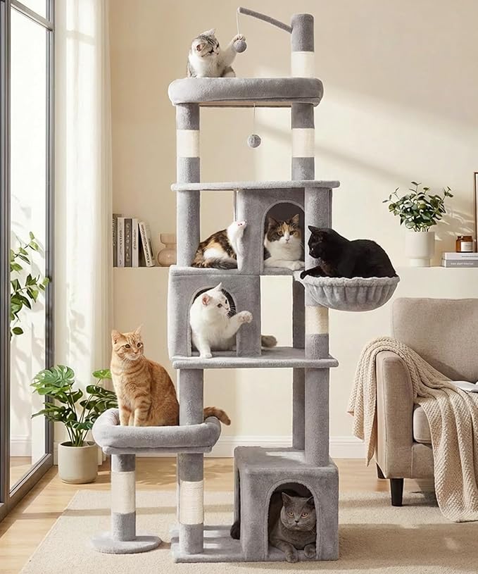 Heavy Duty Cat Tree for Indoor Cat, 74 Inch Cat Tower with Scratching Post, Hanging Basket, Cat Condo with Large Platform for Large Cats, PMT04GY, Grey
