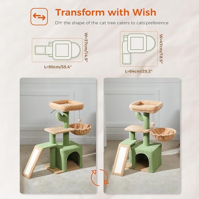 PETEPELA Cactus Cat Tree for Indoor Cats, 32'' Small Cat Tower+Cat Beds for Indoor Cats with Removable Flower Cat Bed