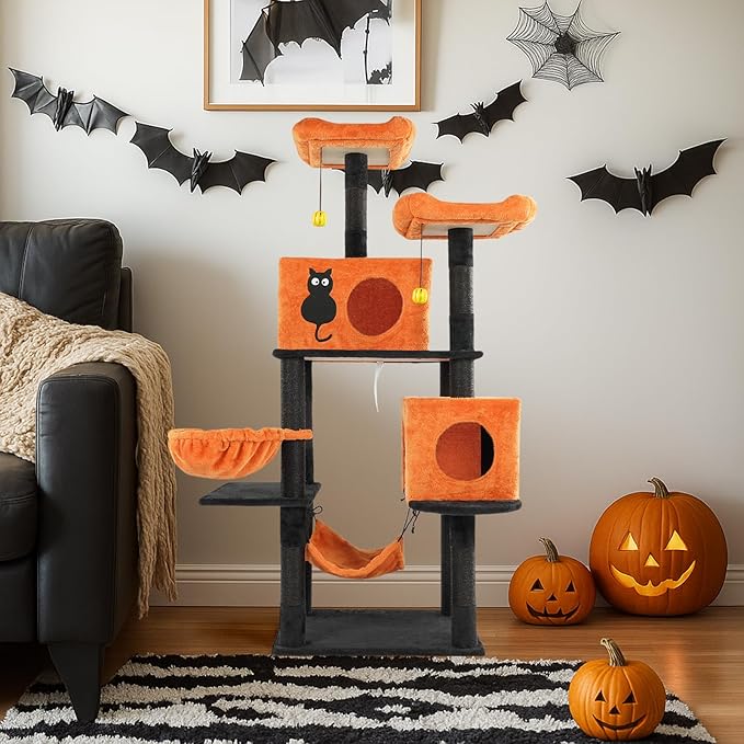 61" Halloween Cat Tree, Multi-Level Cat Tower with 2 Cat Condos, 2 Hammocks & Scratching Posts, Orange & Black Cat Activity Furniture for Large Cats