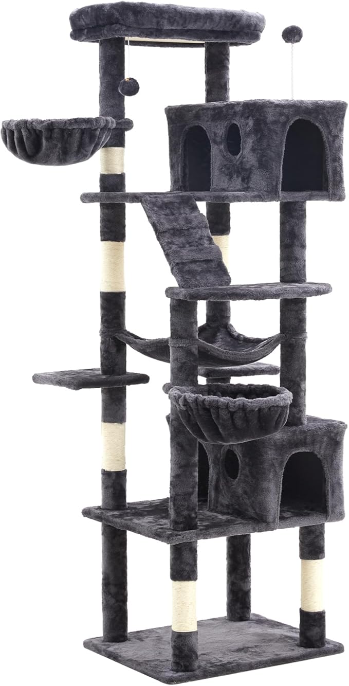 74" Cat Tree Tower with Scratching Posts, Condos, Perch, Hammocks & Toys, Cat Tree for Indoor Cats Large Adult, Ideal for Multi-Cat Households, Dark Gray