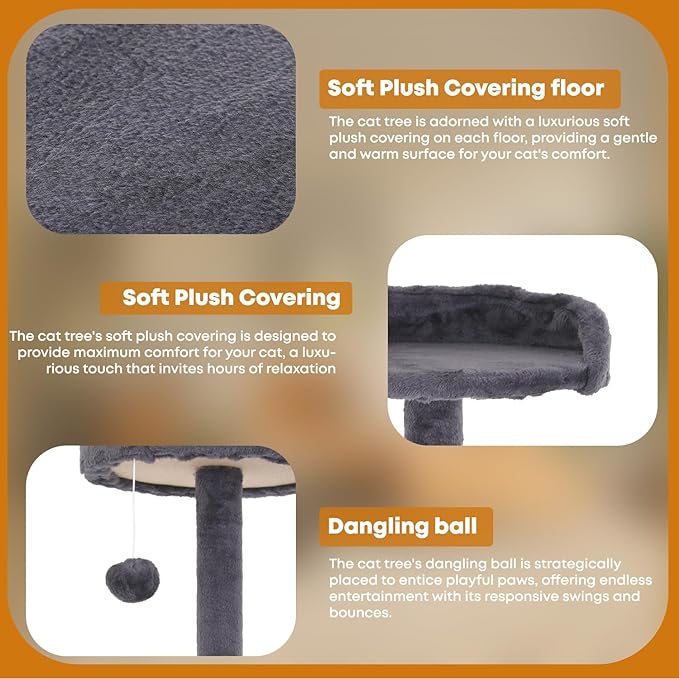54in Cat Tree Tower for Indoor Cats, Cat Tower with Cat Scratching Post, Multi-Level Cat Furniture, Cat Tower with Funny Toys for Kittens-Ashy