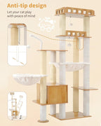 Heybly Cat Tree, 70.5 Inch Wood Tall Cat Tower for Large Indoor Cats with Extra Stable Structure, Modern Cat Furniture with All-Sisal Scratching Posts, Cat Condo & Hammocks, Walnut HCT121WB