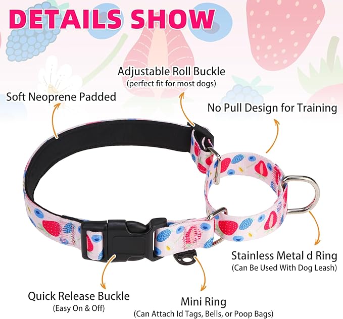 KOOLTAIL Martingale Collar for Dogs for Small Medium Large Dogs, Soft Padded Nylon No Pull Dog Collar with Buckle, Adjustable No Slip Heavy Duty Durable Puppy Training Collar for Boys Girls, Pink L
