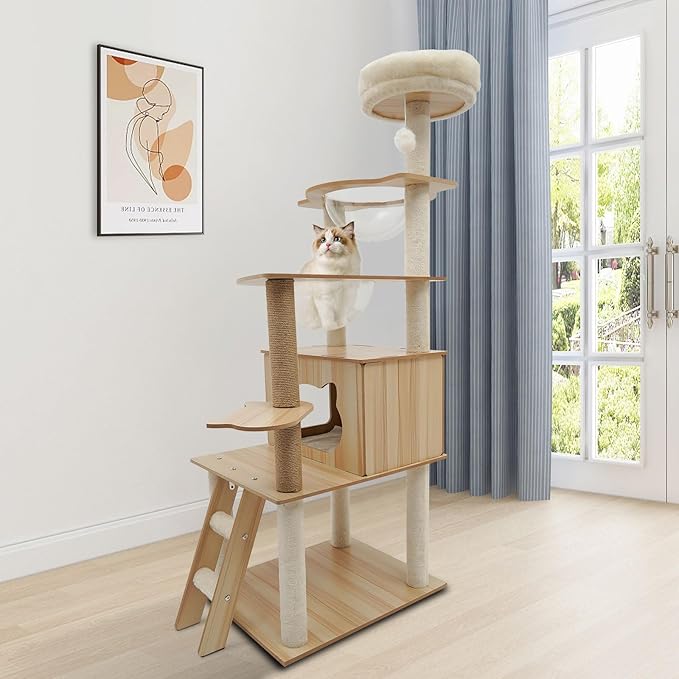 Cat Tree, L19.7*W23.6*H55.1in Wooden Cat Climbing Tower for Indoor Cats, Multi-Layer Cat Condo with Scratching Posts, Cat House, Transparent Capsules, Holds 10kg/22lbs