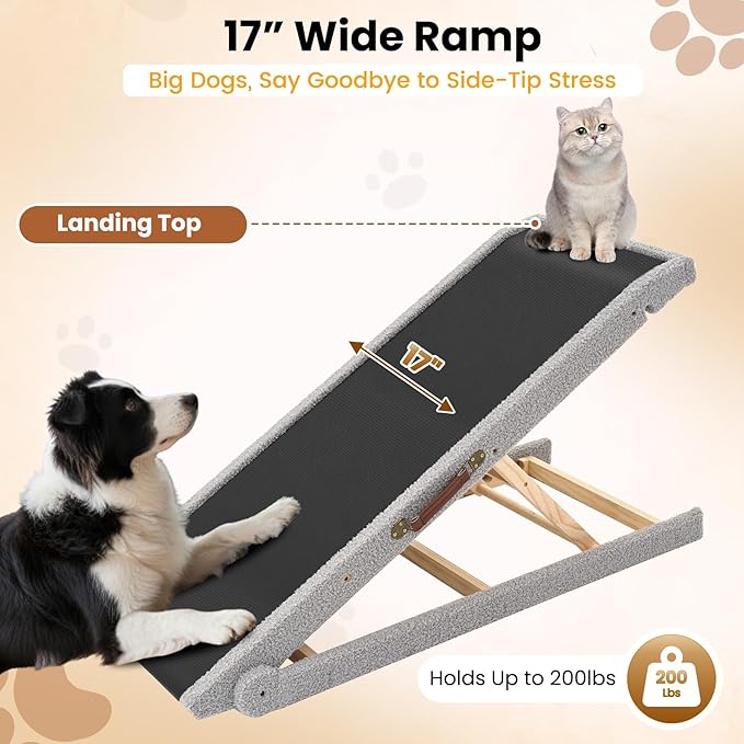 Dog Ramp for Bed, 4 Adjustable Height Wooden Ramp for Dogs from 14"–20", 17" Wide Pet Ramps for Dogs to Get on High Bed/Couch/Car with Soft Padding & Anti-Slip Grip, Up to 250LBS for Small/Large Dog