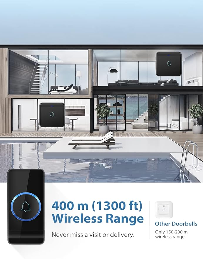 AVANTEK Wireless Doorbell, Waterproof Door Bell Chime Operating at over 1300 Feet, Classroom Doorbell with 52 Melodies, CD Quality Sound and LED Flash, 1 Button + 2 Plug-in Receivers, D-3B