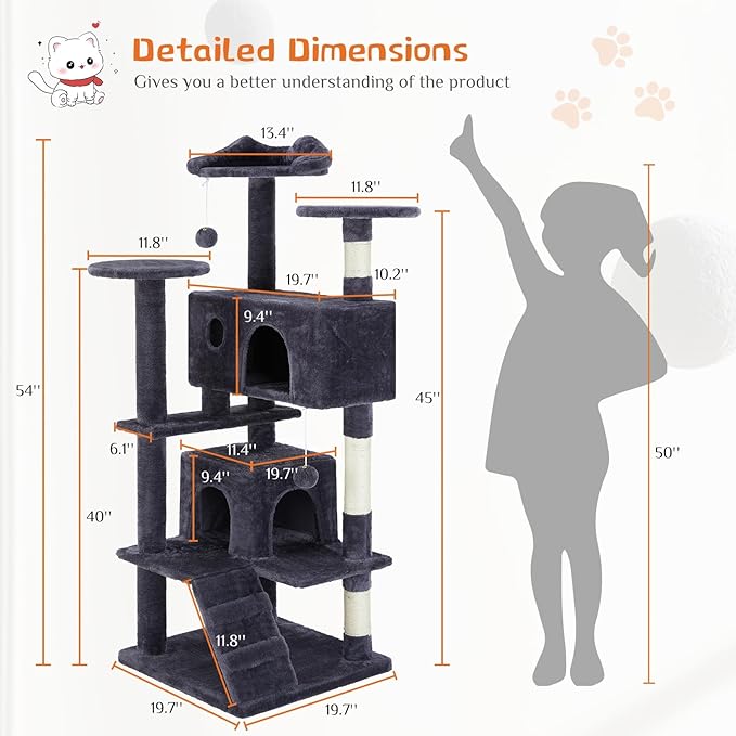 54'' Tall Cat Tree,Cat Climbing Tower with Removable Ball,Cat Tower with Scratching Post,Climbing Plate,Cute Cat Ear Design for Small, Medium Cats,Anti-Tilt Device (Dark Blue)