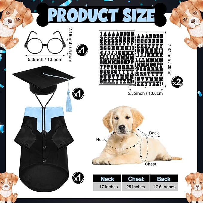 5 Pcs Dog Graduation Costume Set Include 2026 Pet Graduation Gown with Stole Puppy Grad Cap Lensless Glasses DIY Letter Stickers for Dogs Cats Holiday Costume Accessory(Black Light Blue,L)