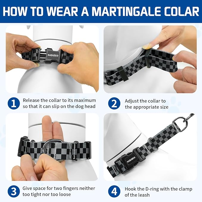 Kazazoo Martingale Collar for Dogs with Quick Release Buckle Adjustable Soft Durable Dog Collar for Small Medium Large No Pull Training Dog Collars-Black&Grey XL