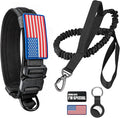 Tactical Dog Collar and Bungee Leash,Military Dog Collar & Leash Set with USA American Flag Adjustable K9 Collar with Heavy Duty Metal Buckle & Handle,with Patches and Airtags Case(XL, Black)