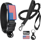 Tactical Dog Collar and Bungee Leash,Military Dog Collar & Leash Set with USA American Flag Adjustable K9 Collar with Heavy Duty Metal Buckle & Handle,with Patches and Airtags Case(XL, Black)