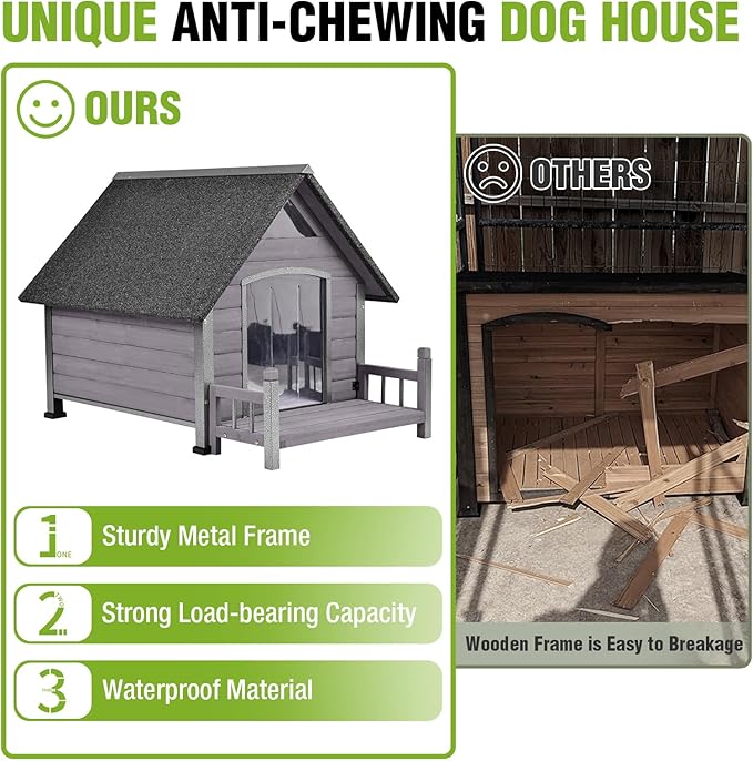 GUTINNEEN Outdoor Heated Dog House Insulated Dog Kennel with All-Around Metal Frame, Weatherproof Anti-Bite Dog Shelter with Porch, Wooden Puppy Home Indoor(Grey, 45’’ Medium)