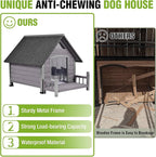 GUTINNEEN Outdoor Dog House Insulated Weatherproof Dog Kennel with Anti-Bite Metal Frame, Puppy Shelter with Insulated Liner and Porch for Small, Medium Large Dogs (Grey, 45’’ Medium)