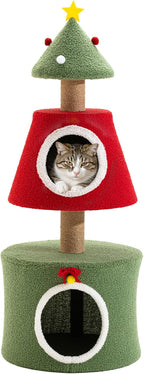 AQUILLA 39.8in Christmas Cat Tree Tower for Indoor Cats, Multi-Level Cat Condo with Sisal Scratching Posts, Cozy Hideaway & Top Perch, Red & Green Holiday Pet Play House for Kittens and Small Cats