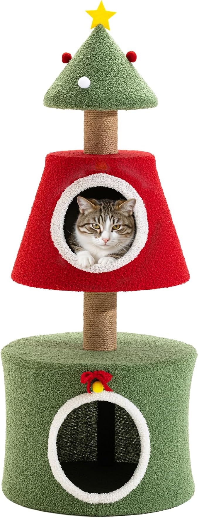 AQUILLA 39.8in Christmas Cat Tree Tower for Indoor Cats, Multi-Level Cat Condo with Sisal Scratching Posts, Cozy Hideaway & Top Perch, Red & Green Holiday Pet Play House for Kittens and Small Cats